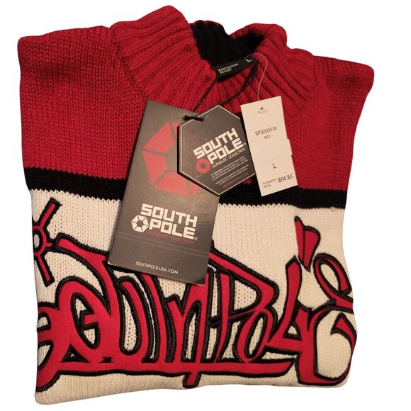 Southpole Mock Neck Pullover Sweater Men’s Large Red Black White Graffiti - Picture 6 of 6